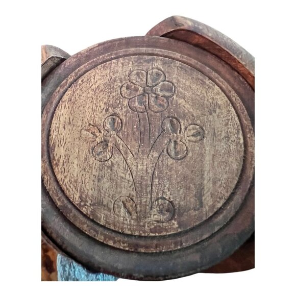 Vtg Teak Wood Coaster Set Brass Inlay Caddy & Hand-Carved Coasters 3 3/8" India - Picture 13 of 14